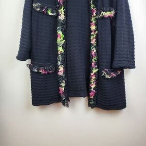 Michael Simon open front floral ruffle trim Cardigan Sweater